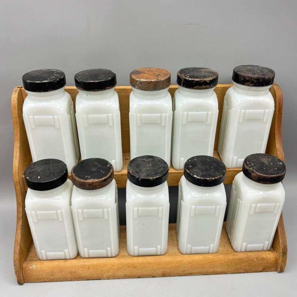 Vintage Milk Glass‎ Spice Jar Set 10 Art Deco Bottles Wood Rack Farmhouse Decor